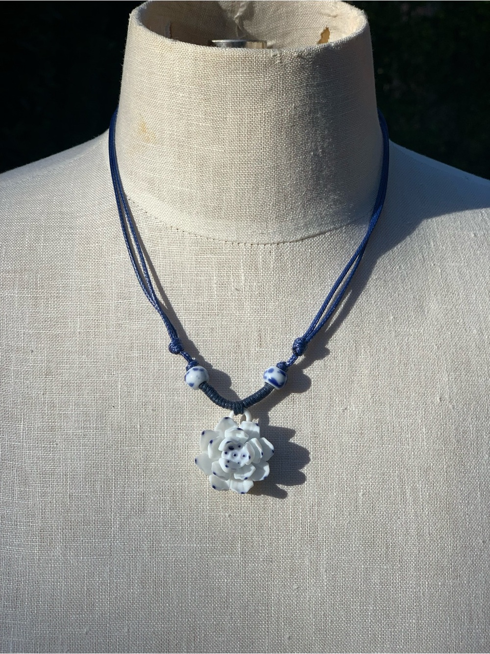 Ceramic White & Blue Flower Necklace